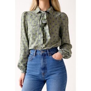 Emerson Fry Blouse Large Green Geometric Trellis Tie Neck Bow Button Down Top
